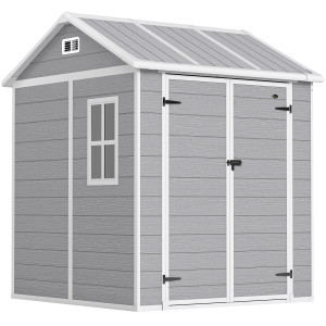 Outsunny Casetta da Giardino con Pavimento, Capanno porta Attrezzi in Resina 2 Porte con Blocco e Finestra, 1.8x1.8m, Grigio   Aosom Italy