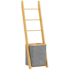 Homcom Mobile per Bagno in Bambù con Portasciugamani a 3 Barre e Cesto per Biancheria Sporca Estraibile da 48 L, Grigio   Aosom Italy