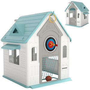 Aiyaplay Casetta per Bambini 5 in 1 in PP Multicolore con Palla da Basket, Anelli e Freccette, 132x118x124 cm   Aosom Italy