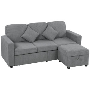 Homcom Divano a 3 Posti con 2 Cassetti e Pouf, Contenitore in Velluto a Coste, 196x139x85 cm, Grigio Chiaro   Aosom Italy