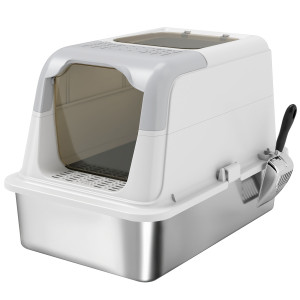 Pawhut Lettiera per Gatti Chiusa a 2 Ingressi con Deodorante e Paletta, 60.4x40.4x41.8 cm, Bianco e Grigio   Aosom Italy