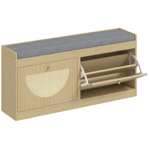 Homcom Panca Portascarpe con Sedile Imbottito, Ante Frontali in Rattan e Ripiano Regolabile, per 8 Paia di Scarpe, Legno Naturale   Aosom Italy
