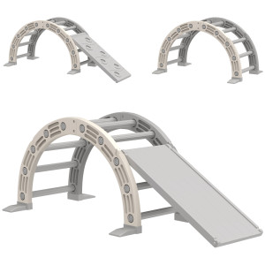 Aiyaplay Struttura per Arrampicata, per Bambini di 18-48 Mesi, 4 in 1 con Arco di Arrampicata, Dondolo, Rampa e Scivolo 164x70x57 cm, Grigio e Bianco