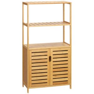 Kleankin Mobiletto Bagno Moderno con 2 Ripiani Aperti e Armadietto a 2 Ante in Bambù e a doghe, 60x30x120 cm, Naturale   Aosom Italy