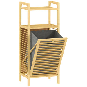Homcom Mobile Bagno a Doghe con Cesto Portabiancheria e Armadietto, in Bambù e Poliestere, 40x30x95 cm, Grigio e Legno   Aosom Italy