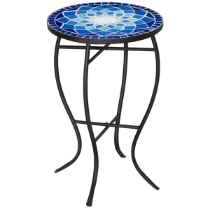 Outsunny Tavolino da Giardino Rotondo in Metallo con Piano in Ceramica, Design a Mosaico, Ф35.5x53.5cm, Blu e Bianco Aosom