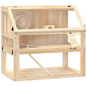 Pawhut Gabbia per criceti a 3 livelli con fondo removibile e altalena, altalena, rampe e cuccia, 80x50x76cm, Legno naturale   Aosom Italy