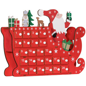Homcom Calendario dell'Avvento a riempire in legno, decorazione natalizia con 24 cassetti, Babbo Natale e slitta, 22,5x8x36cm, rosso   Aosom Italy