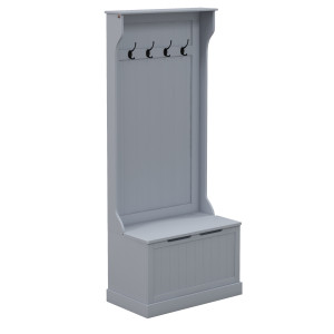 Homcom Mobile Appendiabiti 3 in 1 con 4 Ganci e Panca Contenitore, in Legno, 71.5x39.5x170 cm, Grigio