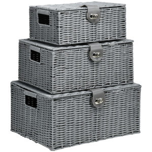 Homcom Set 3 Cesti Vimini PP con Coperchio, Diverse Dimensioni, Grigio, Soluzione Versatile per Ordine Aosom