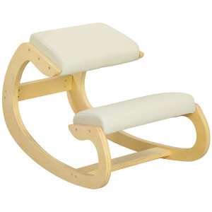 Homcom Sedia Inginocchiatoio con Movimento a Dondolo, in Tessuto Effetto Lino e Legno di Betulla, 55x85x55 cm, Crema