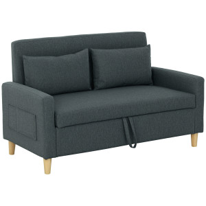 Homcom Divano 2 Posti con Spazio Portaoggetti e Cuscini, in Tessuto Effetto Lino e Legno, 135x72x84 cm, Grigio Carbone