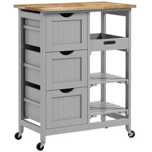 Homcom Carrello da cucina su ruote con piano in legno, 3 cassetti e piano rimovibile — 67x37x85,5 cm, Grigio   Aosom Italy