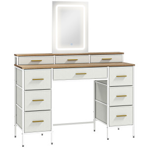 Homcom Toeletta con specchio e luci LED a 3 colori, con 10 cassetti in tessuto, 118,5 x 39,5 x 140 cm Legno naturale   Aosom Italy