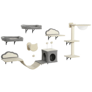 Pawhut Set Mensole da parete per gatti da 6 pezzi, con amache, tiragraffi e lettini, Beige   Aosom Italy