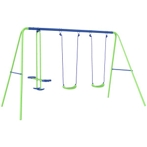 Outsunny Set Altalene da Giardino per 4 Bambini, 1 Altalena Doppia e 2 Altalene Singole, Metallo e PE, 280x140x178cm, Verde Blu Aosom