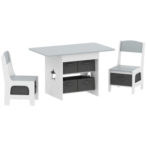 Aiyaplay Set Tavolo e Sedie per Bambini 3-8 Anni con 6 Cassetti e Bordi Arrotondati, in Legno e Tessuto, Grigio e Bianco   Aosom Italy