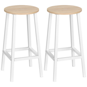 Homcom Set 2 Sgabelli da Cucina in Truciolato e Acciaio con Piano Liscio e Poggiapiedi, 32.5x32.5x65 cm, Bianco e Legno Aosom