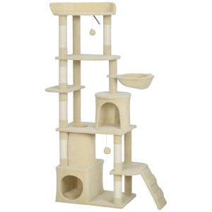 Pawhut Albero tiragraffi per gatti alto 170 cm con 7 pali 1 tunnel 3 piattaforme 2 tane 1 amaca, Beige   Aosom Italy