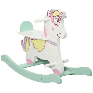 Aiyaplay Cavallo a Dondolo per Bambini 1-3 Anni con Maniglie, Schienale e Pedali in MDF, 68L x 27P x 47.5A cm, Blu Rosa Bianco Aosom