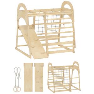 Aiyaplay Struttura da arrampicata per interni 6-in-1, con scivolo, sbarre, rete e parete da arrampicata, scala, 3-6 anni, Legno   Aosom Italy