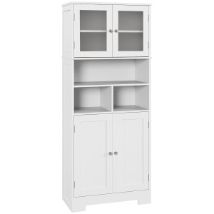 Homcom Credenza Cucina con 2 Armadietti e 3 Vani Aperti, Ante a Vetro e Ripiani Regolabili, 60x30x145.5 cm, Bianco   Aosom Italy