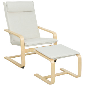 Homcom Poltrona con Poggiapiedi Poltrona da Lettura con Schienale Alto Poggiatesta Rimovibile Gambe in Legno e Rivestimento in Lino Crema   Aosom