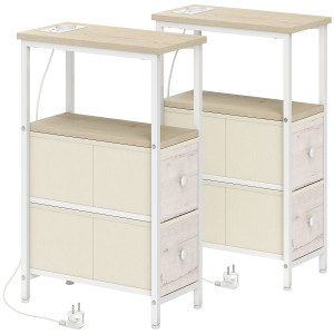Homcom Set di 2 Tavolini Laterali Stretti con Presa CA Porta USB Porta USB-C 2 Cassetti in Tessuto legno naturale   Aosom Italy