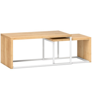 Homcom Set di 2 Tavolini da Salotto Tavolini Impilabili Struttura in Metallo per Soggiorno 90x48x42 cm e 59x42x36 cm Naturale e Bianco   Aosom Italy
