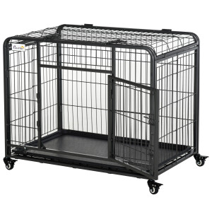 Pawhut Kennel per Cani Pieghevole a Doppia Porta con Blocco, 4 Ruote con Freno e Fondo Rimovibile, 94x58x69.5 cm, Grigio   Aosom Italy
