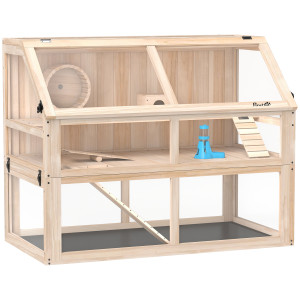 Pawhut Gabbia per criceti in legno 3 piani Gabbia per roditori Gabbia per piccoli animali con dondolo, ruota e casetta 95 x 53 x 76 cm Legno naturale