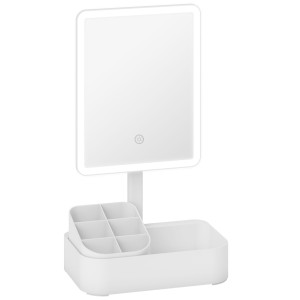 Homcom Specchio da Trucco con Luce Regolabile su 2 Livelli, Rotazione 180° e Organizer per Trucchi, Bianco   Aosom Italy