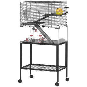 Pawhut Gabbia per criceti, recinto per piccoli animali a 3 livelli, ruota, rifugio, piattaforme, rampe, ciotola, borraccia, accessori, acciaio,