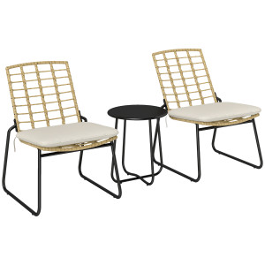 Outsunny Set mobili da giardino 3 pezzi, 2 sedie in rattan, 1 tavolo con piano metallico, cuscini per seduta, set bistro, Beige & Marrone   Aosom