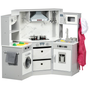 Aiyaplay Cucina in legno per bambini con 17 accessori verdure in plastica pulsanti e luci cuffia da chef 3-6 anni Grigio Bianco   Aosom Italy