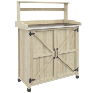 Outsunny Tavolo da rinvaso tavolo da giardinaggio armadietto e ripiani e piano con piedini antiscivolo 90,5x41x124,5cm legno naturale   Aosom Italy