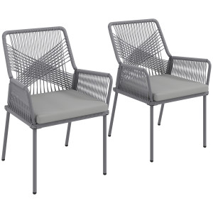 Outsunny Set da 2 sedie da giardino, sedie da terrazza, cuscini lavabili, schienale, braccioli, acciaio, rattan, grigio scuro   Aosom Italy
