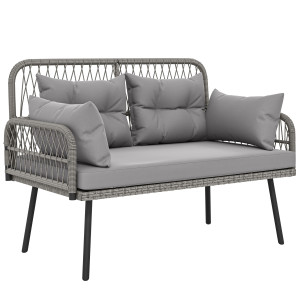 Outsunny Divano da giardino con cuscini e guanciali 2 posti in resina intrecciata, divano da esterno con braccioli grigio scuro   Aosom Italy