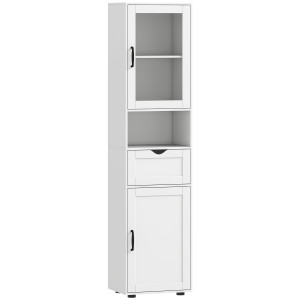Homcom Colonna Bagno in Legno con 2 Armadietti, Cassetto e Ripiano Aperto, 40x30x165 cm, Bianco   Aosom Italy