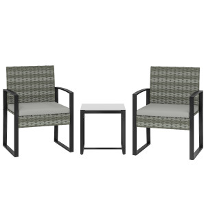 Outsunny Set bistrò in rattan, set da giardino 3 pezzi con 2 sedie da giardino, tavolino, cuscini rimovibili Hellgrau   Aosom Italy