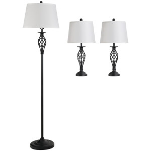 Homcom Set 3 Pezzi: 1 Lampada da Terra e 2 Lampade da Tavolo in Metallo, Design Vintage, Lampadine E27, Nero e Bianco Aosom