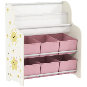 Aiyaplay Scaffale Portagiochi con 6 Cassetti in Tessuto e Libreria a 2 Livelli, in Legno e Acciaio, 63x30x71 cm, Rosa   Aosom Italy