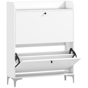 Homcom Mobile Scarpiera Slim con 2 Cassetti a Ribalta e Ripiani Regolabili, in Legno e Metallo, 80x24x101 cm, Bianco   Aosom Italy