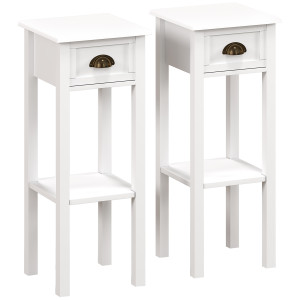 Homcom Set di 2 tavolini d'appoggio Comodino stile sofisticato con cassetto, ripiano inferiore, 30 x 30 x 75 cm, bianco   Aosom Italy