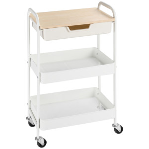 Homcom Carrello Cucina Multiuso con Ruote Girevoli, 2 Cesti, Cassetto e Piano in Legno, Bianco   Aosom Italy