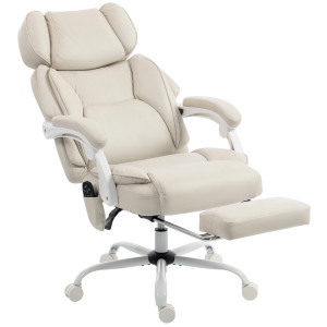 Homcom Sedia da ufficio con schienale alto, massaggio a vibrazione e riscaldamento, ergonomica, reclinabile, con poggiapiedi, bianco crema   Aosom