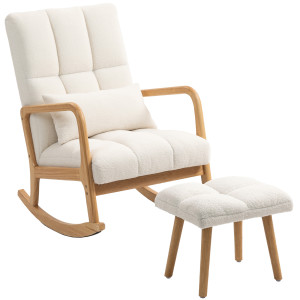 Homcom Poltrona a Dondolo con Poggiapiedi, in Tessuto Bouclé, Gambe in Legno, 64,5x82x89 cm, Bianco   Aosom Italy
