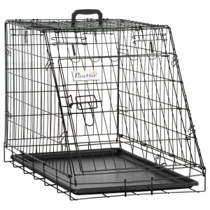Pawhut Trasportino per Cani in Metallo e PP, Gabbia per Cani a Trapezio per Auto con Maniglia, 77x47x55cm Nero Aosom