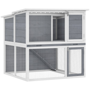 Pawhut Conigliera 2 Piani in Legno con Tetto Apribile Resistente alle Intemperie, Recinto Esterno, Rampa, 98x95x102,5 cm Grigio   Aosom Italy