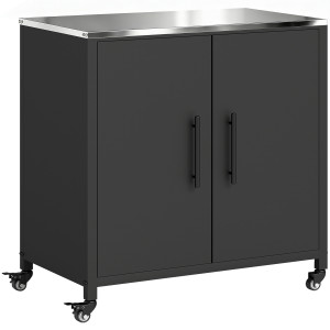 Outsunny Armadio da giardino con tavolo da rinvaso Capanno porta attrezzi con piano in acciaio inox ripiano rimovibile magnetico Doppia porta Ruote